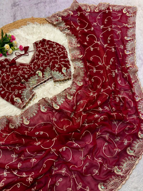 Maroon_Pure_Soft_Georgette_Designer_Saree_with_C-Pallu_Embroidery,_Sequin_&_Zari_Work
