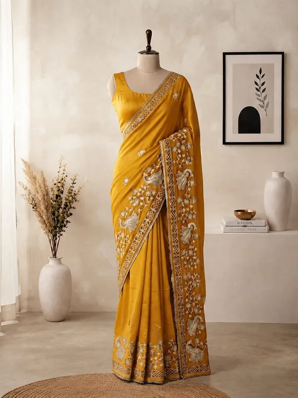 Mustard_Shiny_Silk_Designer_Saree_with_Elegant_Peacock_Ribbon_Work