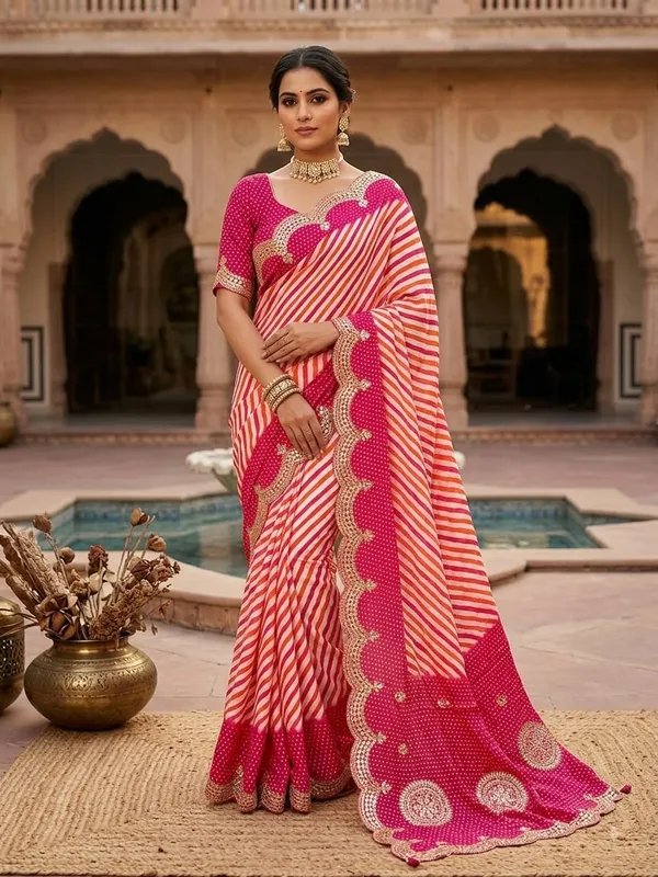 Pink_Shiny_Silk_Digital_Print_Saree_with_Foil_Embroidery_Border_&_Matching_Bandhani_Blouse