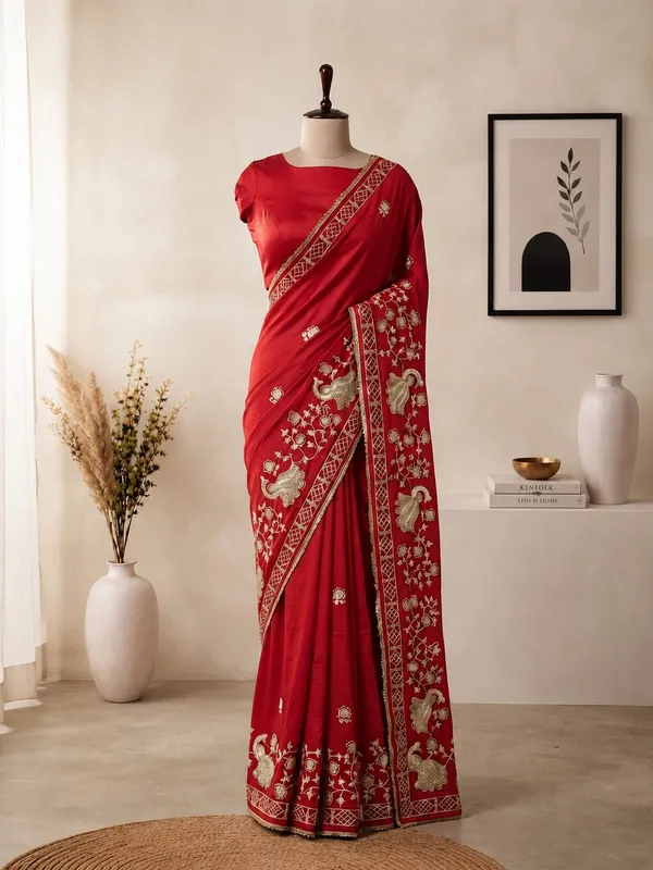Red_Shiny_Silk_Designer_Saree_with_Elegant_Peacock_Ribbon_Work