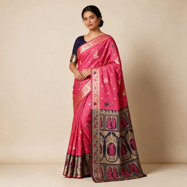 Dark_Pink_Silk_And_Polyester_Woven_Baluchari_Saree_For_Women