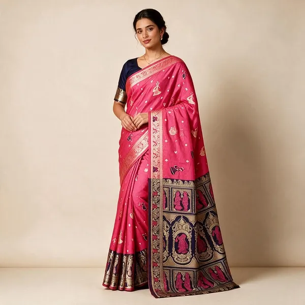 Dark_Pink_Silk_And_Polyester_Woven_Baluchari_Saree_For_Women