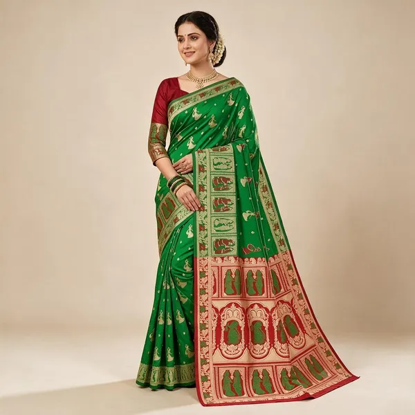 Green_Silk_And_Polyester_Woven_Baluchari_Saree_For_Women
