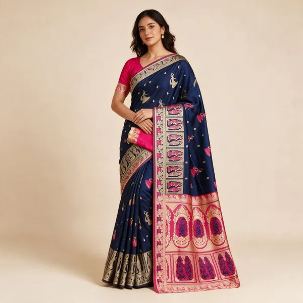 Navy_Blue_Silk_And_Polyester_Woven_Baluchari_Saree_For_Women