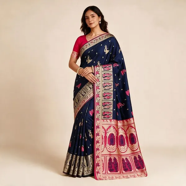 Navy_Blue_Silk_And_Polyester_Woven_Baluchari_Saree_For_Women