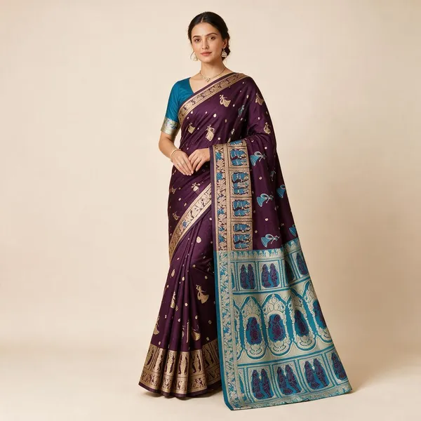 Purple_Silk_And_Polyester_Woven_Baluchari_Saree_For_Women