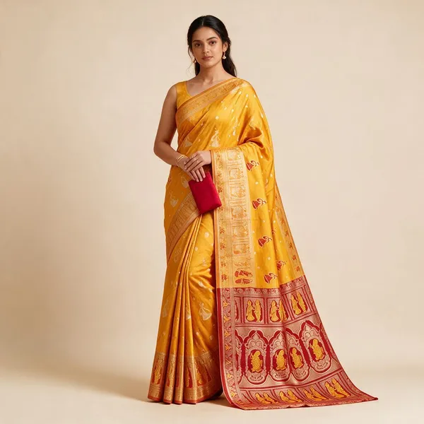 Yellow_Silk_And_Polyester_Woven_Baluchari_Saree_For_Women