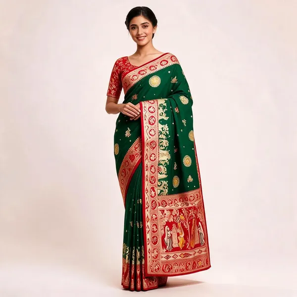 Green_Silk_And_Polyester_Woven_Baluchari_Saree_For_Women