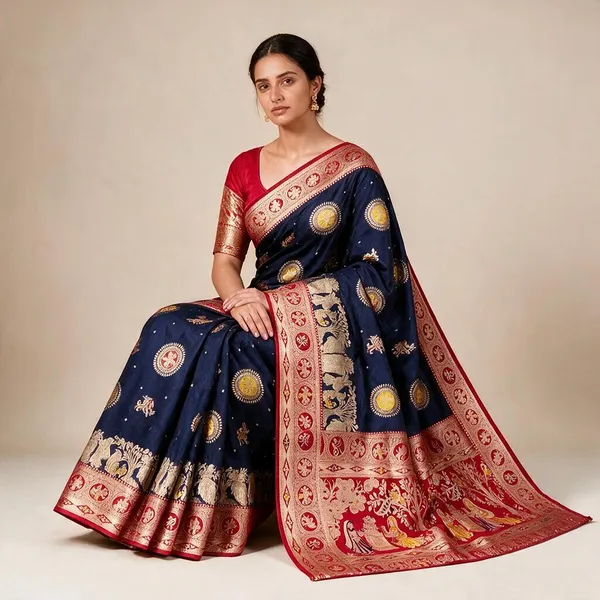 Navy_Blue_Silk_And_Polyester_Woven_Baluchari_Saree_For_Women