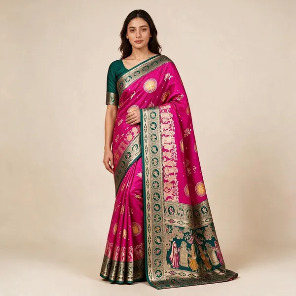 Pink_Silk_And_Polyester_Woven_Baluchari_Saree_For_Women