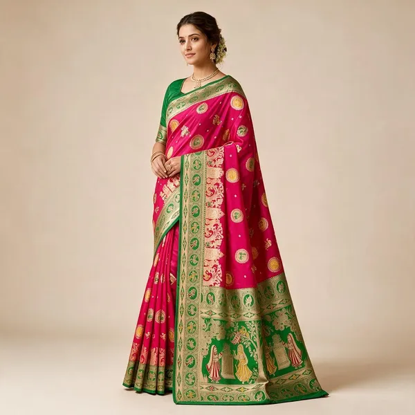 Red_Silk_And_Polyester_Woven_Baluchari_Saree_For_Women