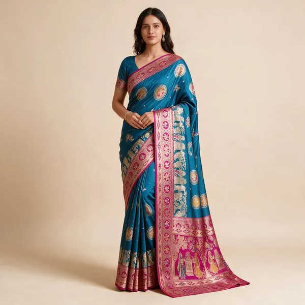Teal_Silk_And_Polyester_Woven_Baluchari_Saree_For_Women