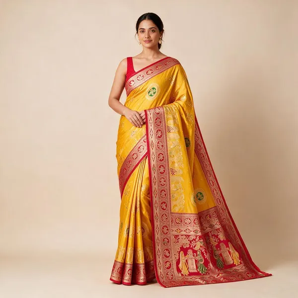 Yellow_Silk_And_Polyester_Woven_Baluchari_Saree_For_Women