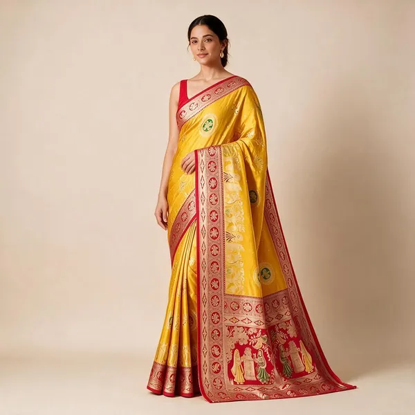 Yellow_Silk_And_Polyester_Woven_Baluchari_Saree_For_Women