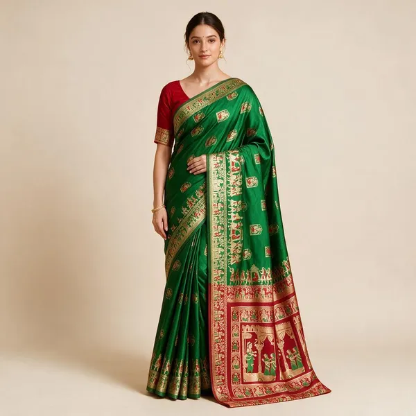 Green_Silk_And_Polyester_Woven_Baluchari_Saree_For_Women