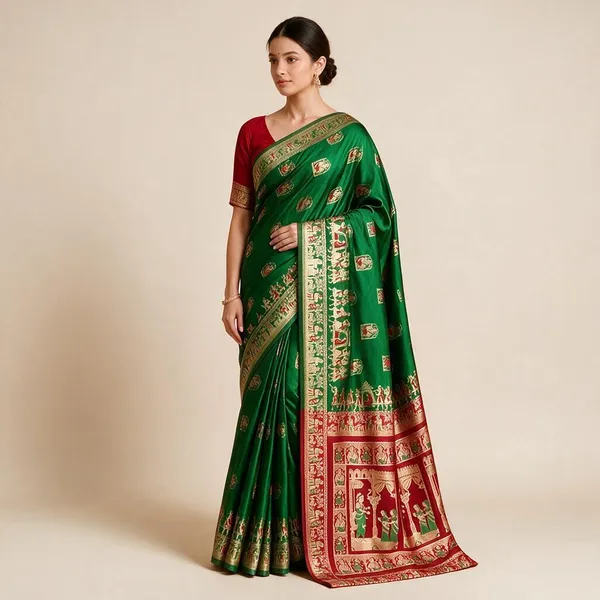 Green_Silk_And_Polyester_Woven_Baluchari_Saree_For_Women