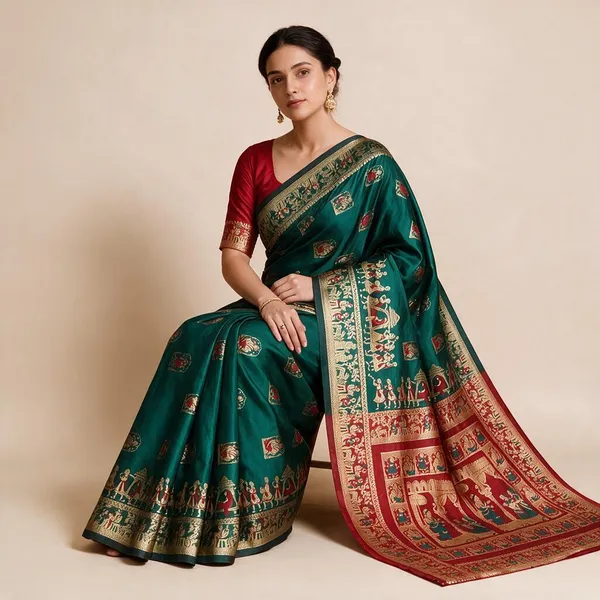 Teal_Silk_And_Polyester_Woven_Baluchari_Saree_For_Women