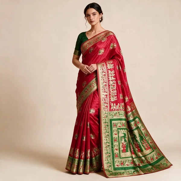 Red_Silk_And_Polyester_Woven_Baluchari_Saree_For_Women