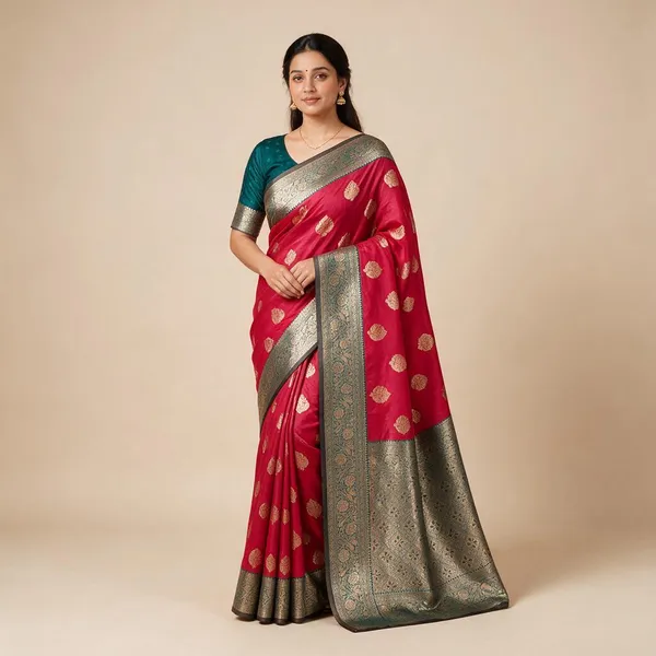 Red_Silk_And_Polyester_Woven_Baluchari_Saree_For_Women