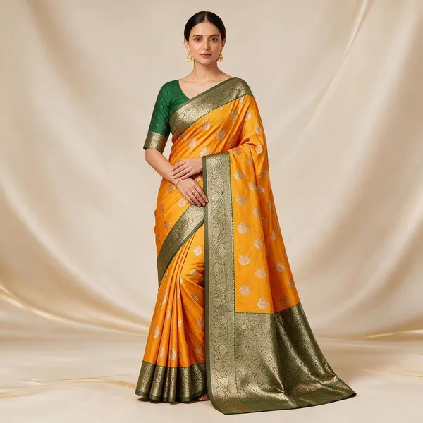 Gold_Silk_And_Polyester_Woven_Baluchari_Saree_For_Women