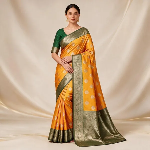 Gold_Silk_And_Polyester_Woven_Baluchari_Saree_For_Women