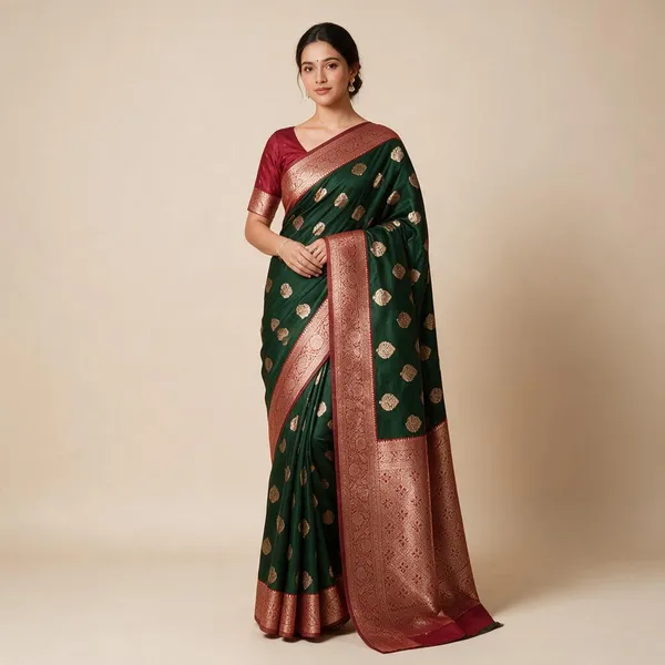 Green_Silk_And_Polyester_Woven_Baluchari_Saree_For_Women