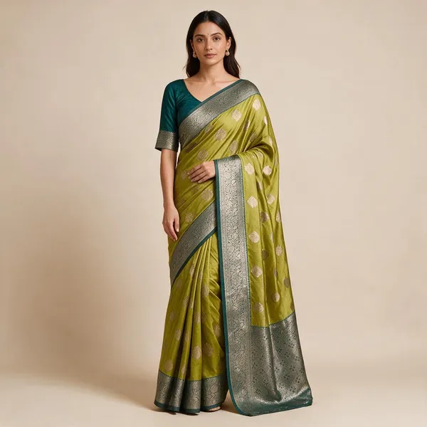 Green_Silk_And_Polyester_Woven_Baluchari_Saree_For_Women