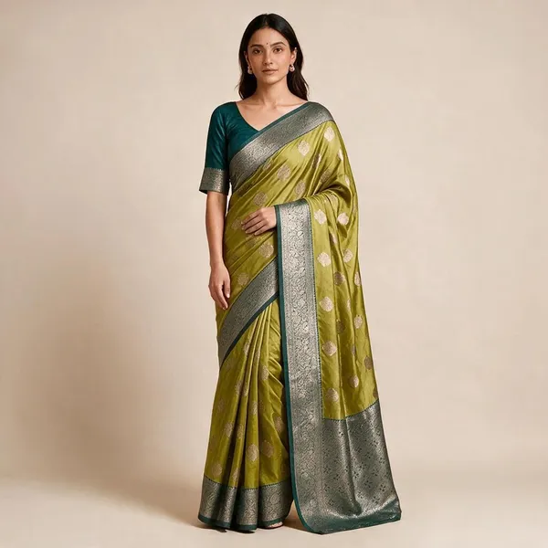 Green_Silk_And_Polyester_Woven_Baluchari_Saree_For_Women