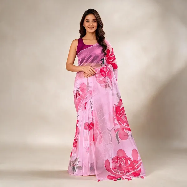 Pink_Organza_Floral_Digital_Print_Tassel_Saree_For_Women