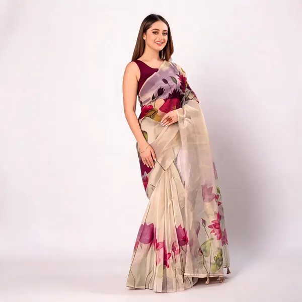 Cream_Organza_Floral_Digital_Print_Tassel_Saree_For_Women