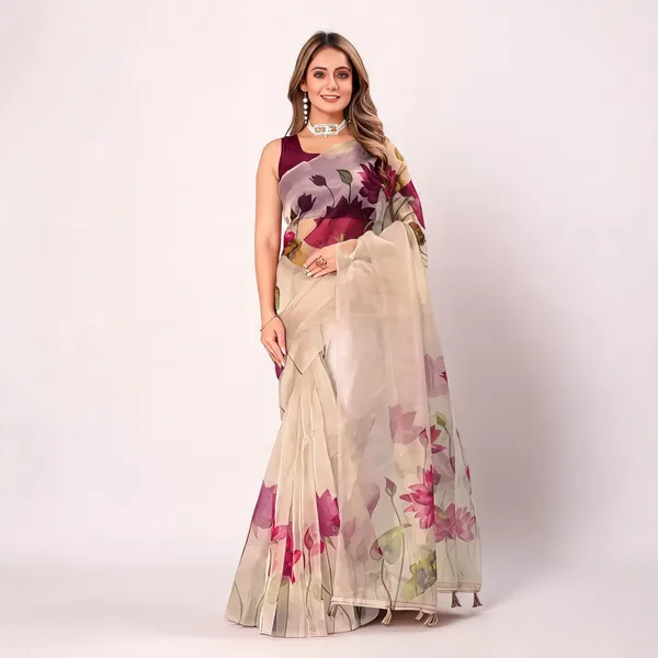 Cream_Organza_Floral_Digital_Print_Tassel_Saree_For_Women