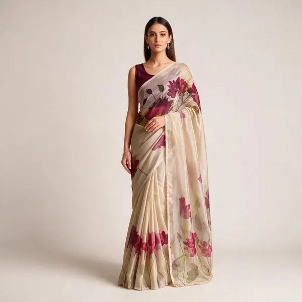 Cream_Organza_Floral_Digital_Print_Tassel_Saree_For_Women
