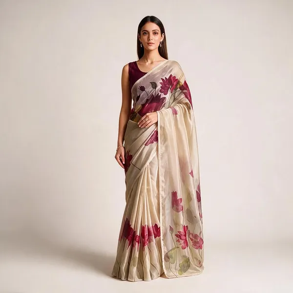 Cream_Organza_Floral_Digital_Print_Tassel_Saree_For_Women