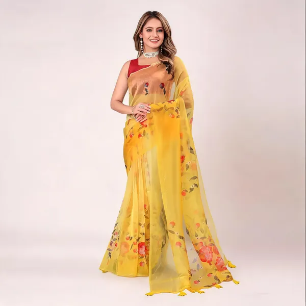 Yellow_Organza_Floral_Digital_Print_Tassel_Saree_For_Women