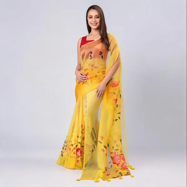 Yellow_Organza_Floral_Digital_Print_Tassel_Saree_For_Women