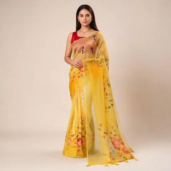 Yellow_Organza_Floral_Digital_Print_Tassel_Saree_For_Women
