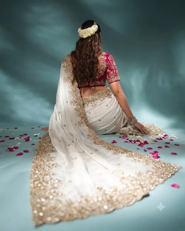 White_Pure_Soft_Rangoli_Silk_Saree_with_C-Pallu_Zari,_Sequin_&_Thread_Embroidery_Work_and_Maroon_Blouse