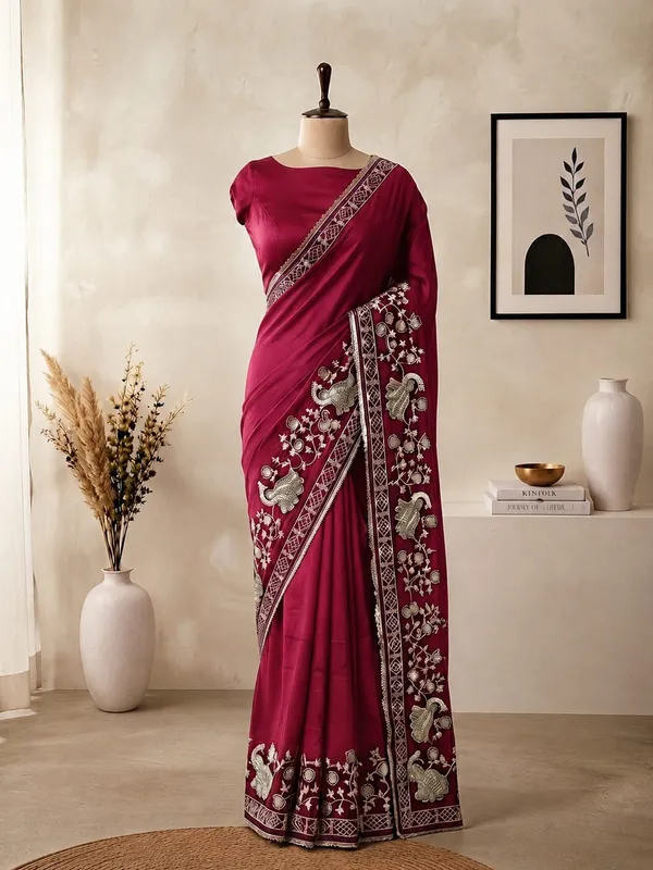Wine_Shiny_Silk_Designer_Saree_with_Elegant_Peacock_Ribbon_Work
