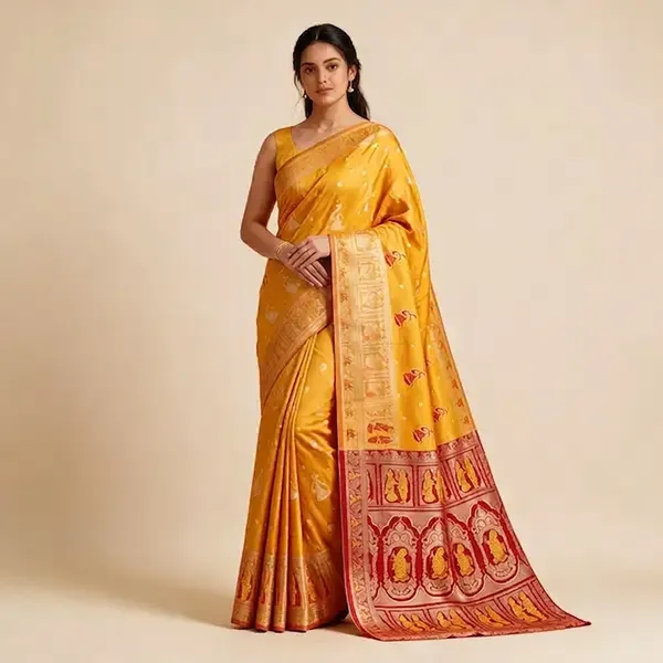 Yellow_Silk_And_Polyester_Woven_Baluchari_Saree_For_Women