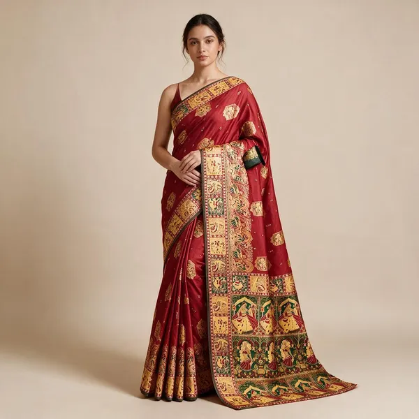 Red_Silk_Blend_Kalamkari_Printed_Saree_with_Traditional_Border_for_Women