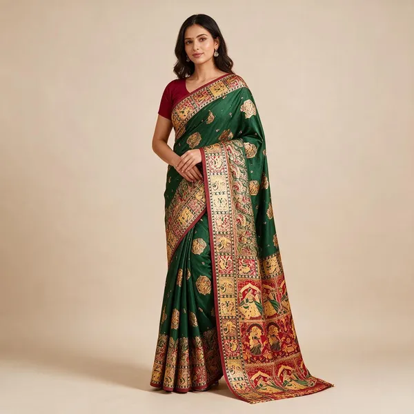 Bottle_Green_Silk_Blend_Kalamkari_Printed_Saree_with_Traditional_Border_for_Women