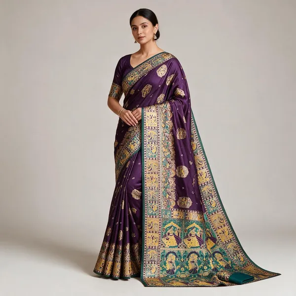 Dark_Purple_Silk_Blend_Kalamkari_Printed_Saree_with_Traditional_Border_for_Women