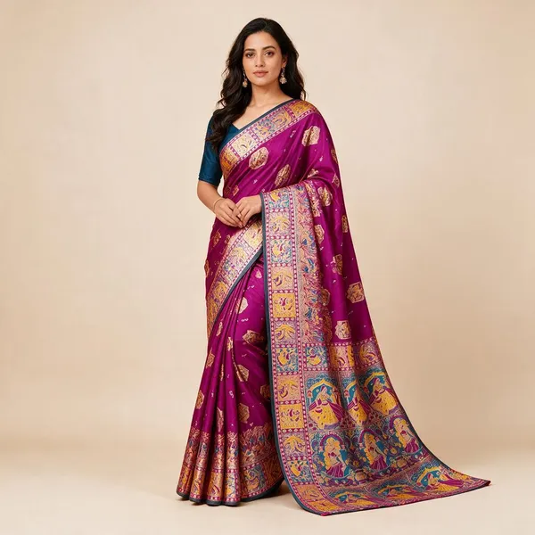 Magenta_Pink_Silk_Blend_Kalamkari_Printed_Saree_with_Traditional_Border_for_Women