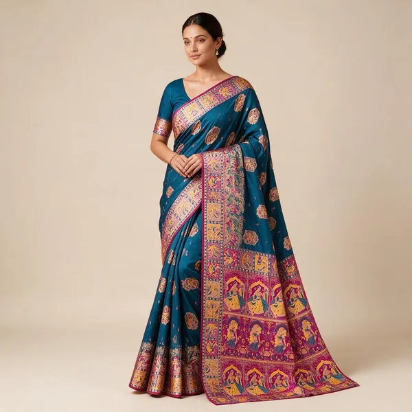 Teal_Blue_Silk_Blend_Kalamkari_Printed_Saree_with_Traditional_Border_for_Women