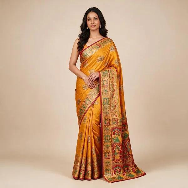 Mustard_Yellow_Silk_Blend_Kalamkari_Printed_Saree_with_Traditional_Border_for_Women