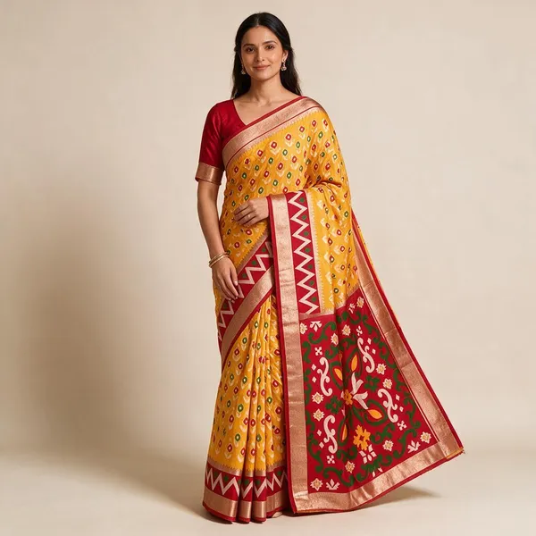 Mustard_Yellow_Silk_Blend_Geometric_Woven_Saree_with_Traditional_Border_for_Women