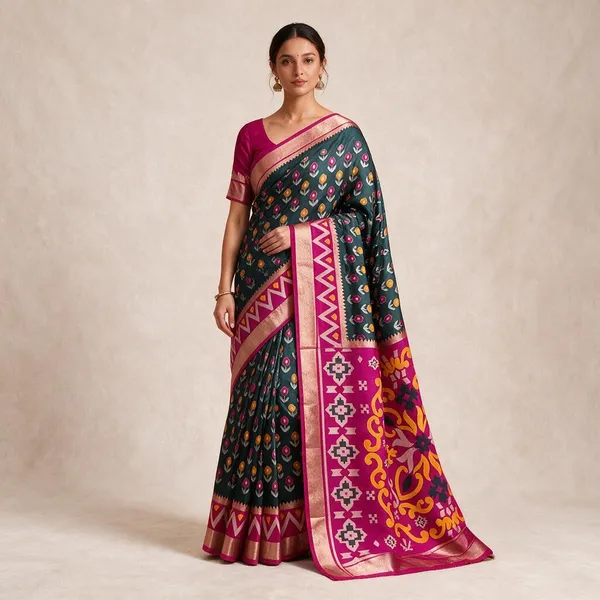 Teal_Blue_Silk_Blend_Geometric_Woven_Saree_with_Traditional_Border_for_Women