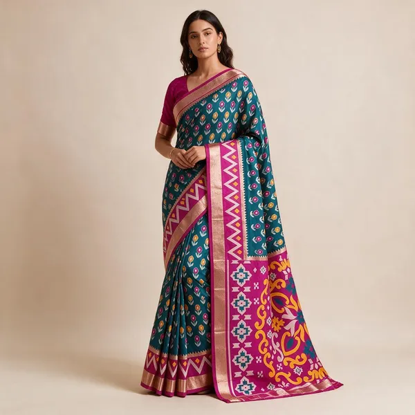 Peacock_Blue_Silk_Blend_Geometric_Woven_Saree_with_Traditional_Border_for_Women