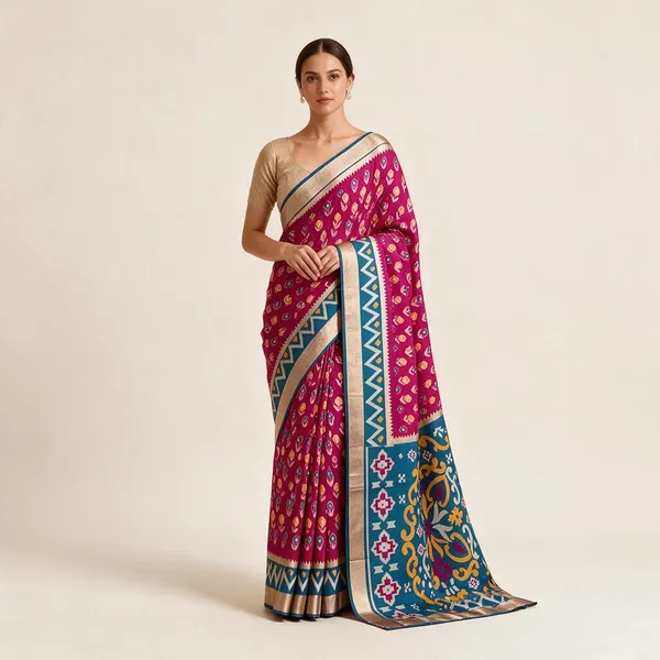 Rani_Pink_Silk_Blend_Geometric_Woven_Saree_with_Traditional_Border_for_Women