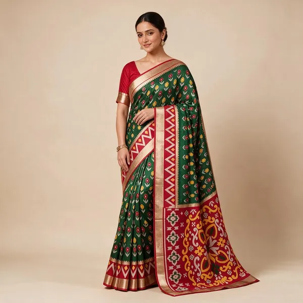 Dark_Green_Silk_Blend_Geometric_Woven_Saree_with_Traditional_Border_for_Women
